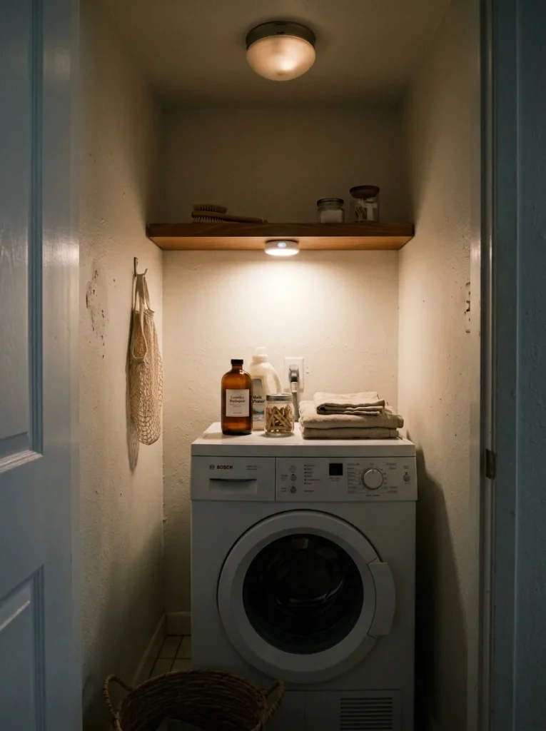 Battery-powered puck light providing extra task lighting in a dark laundry nook.