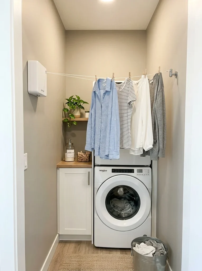 Retractable clothesline providing temporary drying space in a narrow laundry nook.