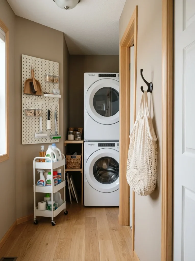 Mesh laundry bag hanging from a dedicated wall hook in a compact laundry nook.
