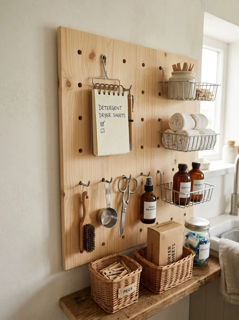 mall notepad and pen attached to a laundry pegboard for tracking supplies.