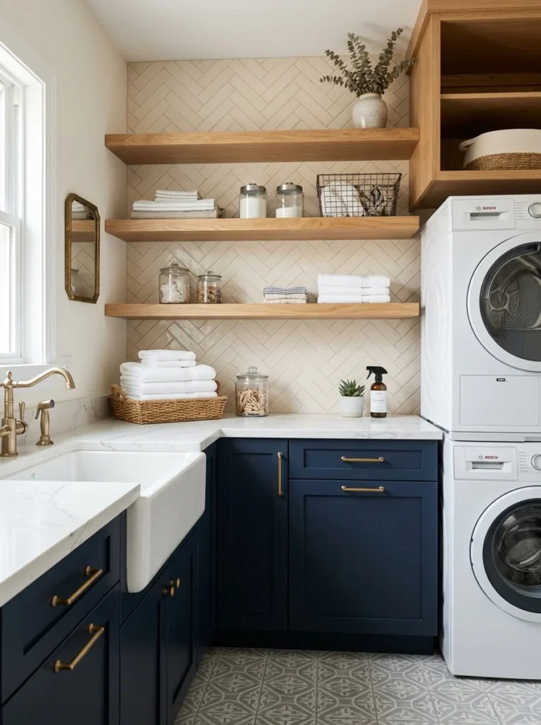 Wall-mounted fold-down drying rack in a small laundry room.