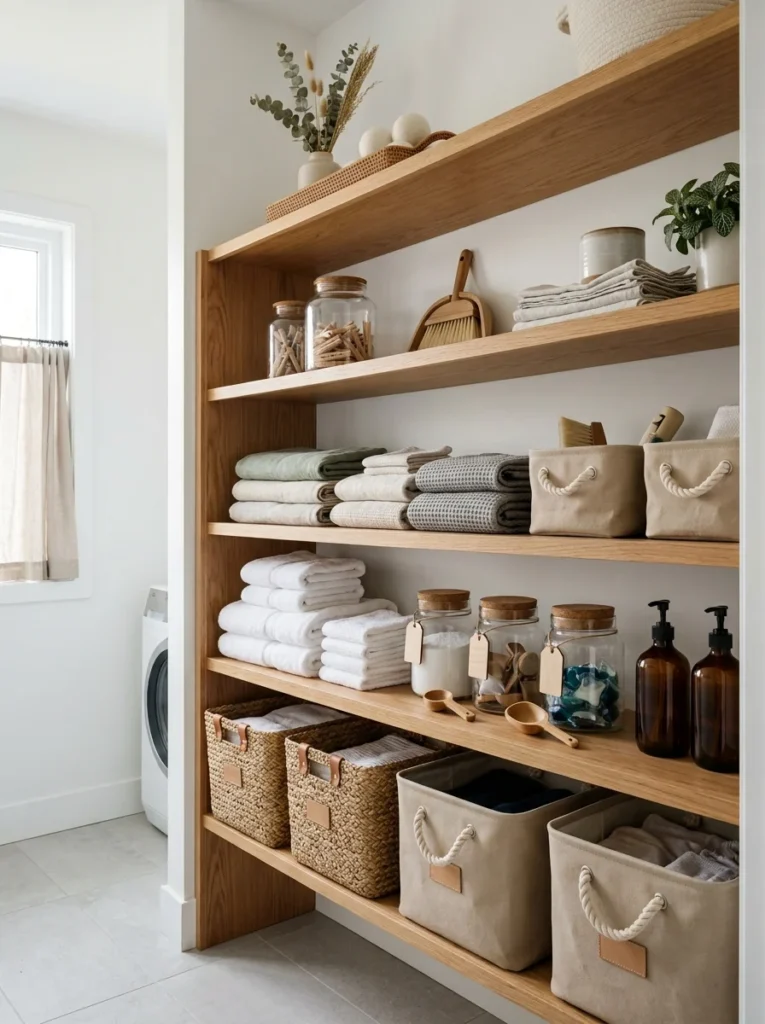 Matching storage bins organizing laundry on open shelves.