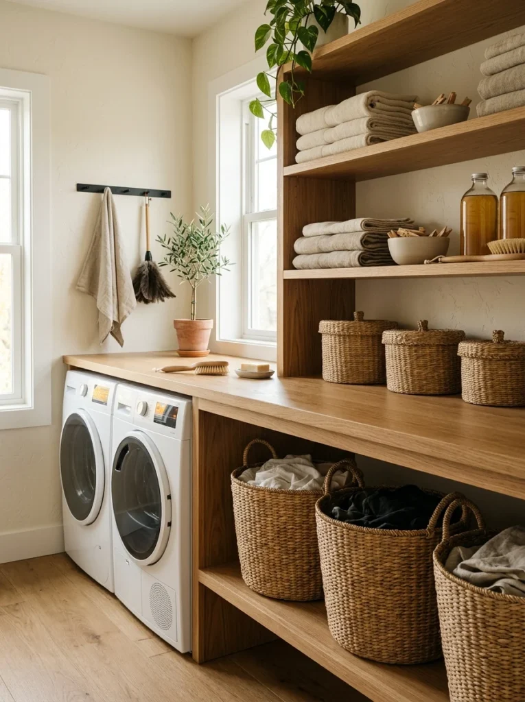 Washable patterned rug adding comfort and color to a laundry room.