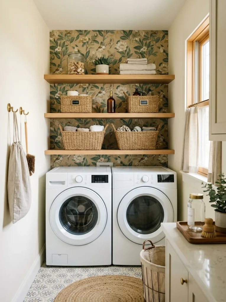 Botanical wallpaper accent wall behind laundry room appliances.
