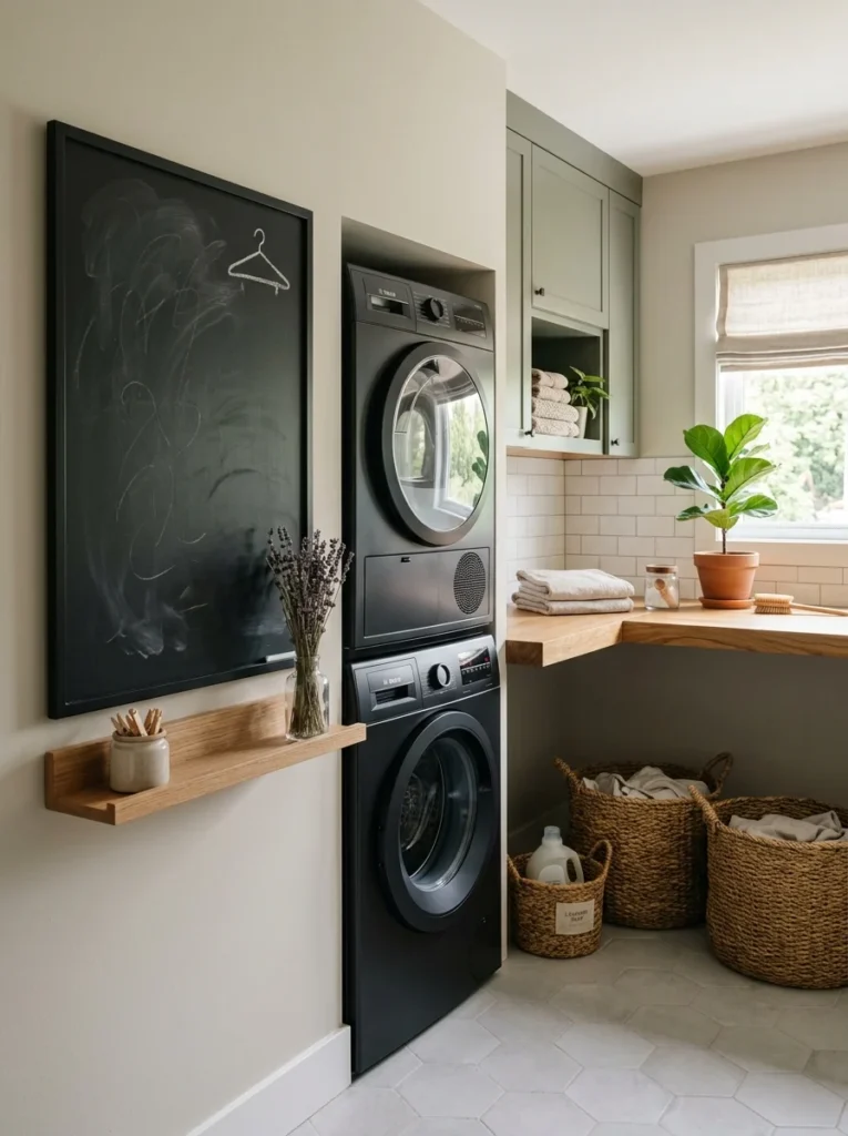 Navy laundry cabinets paired with natural wood open shelving.