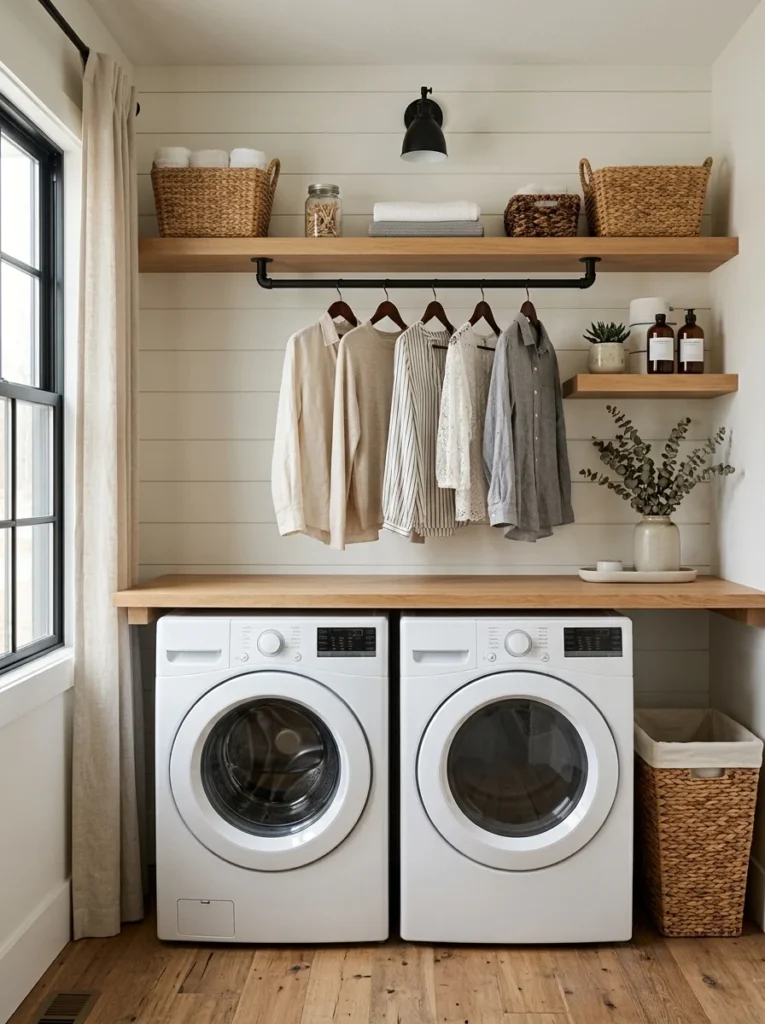 Hanging rod above a laundry counter for air-drying clothes.