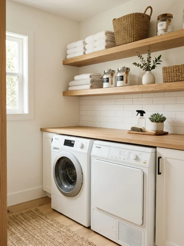 Open wood shelving above a washer and dryer with baskets and folded towels.