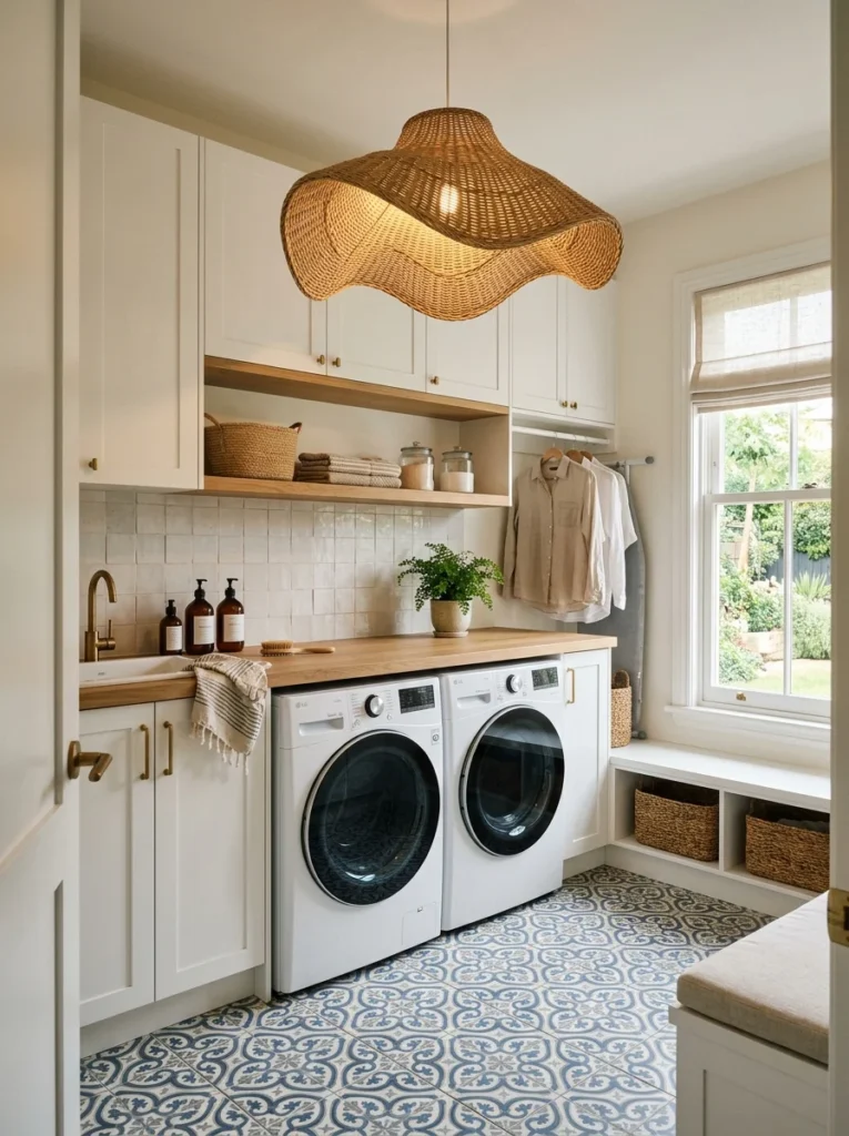 Wall hooks organizing bags, keys, and everyday items near a laundry room door.