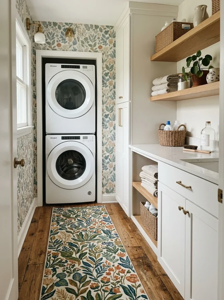 Narrow vertical laundry storage for an ironing board, broom, and mop.