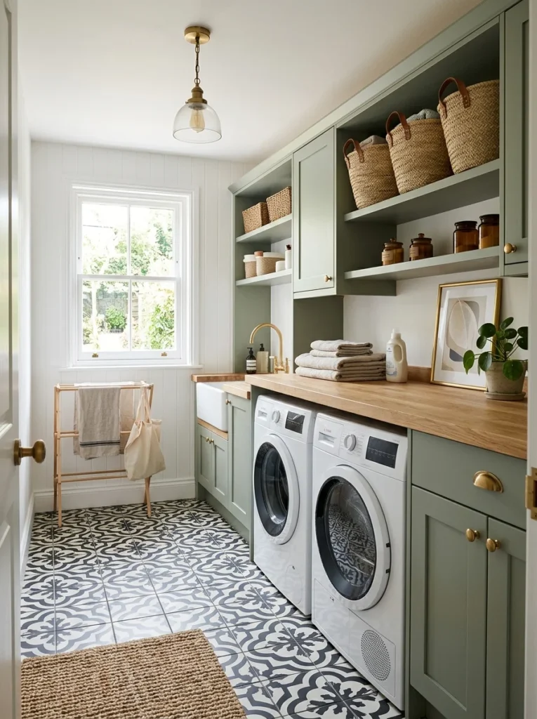 : Patterned tile flooring adding character to a modern laundry room.
