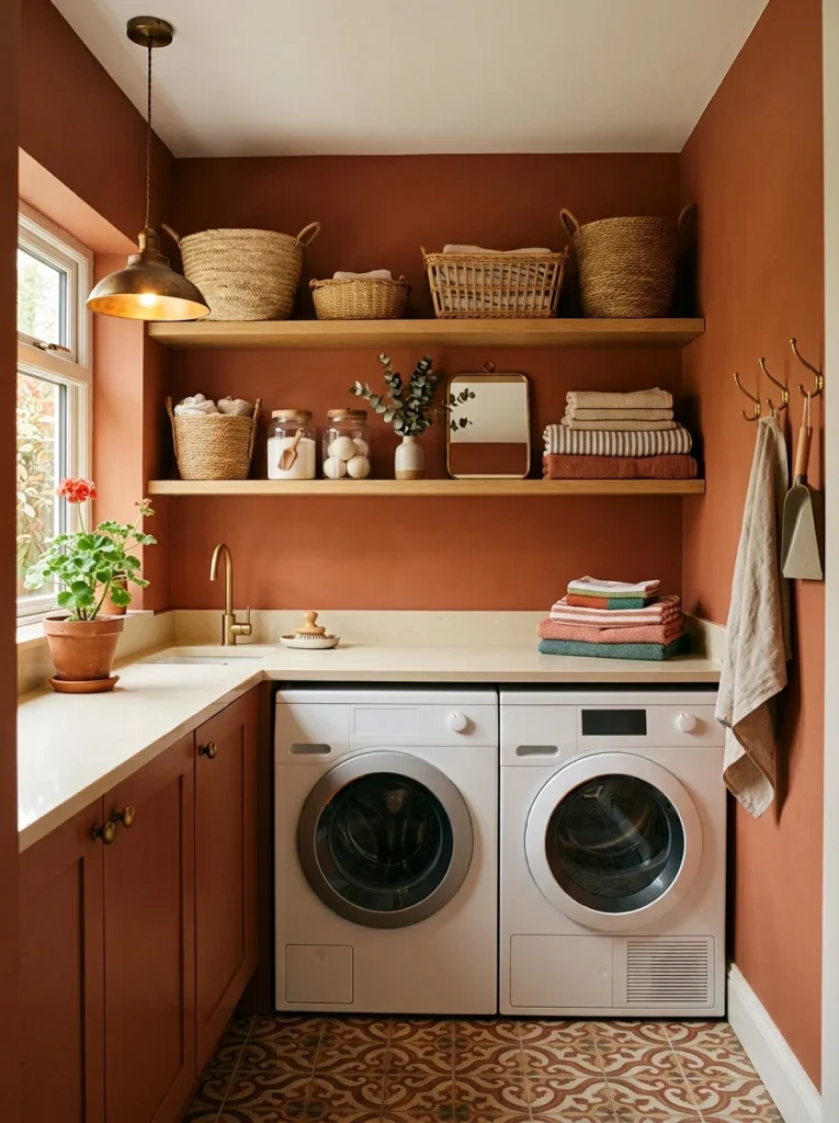 Warm terracotta walls giving a laundry room a colorful refresh.