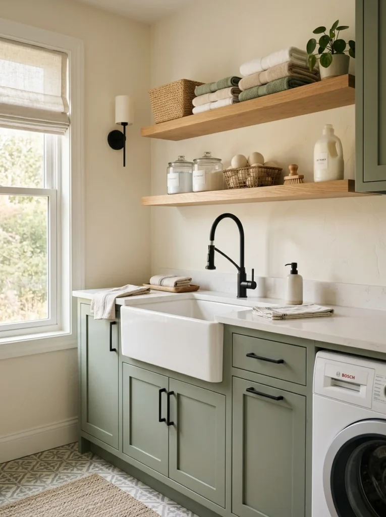 Deep laundry utility sink with a modern matte black faucet.