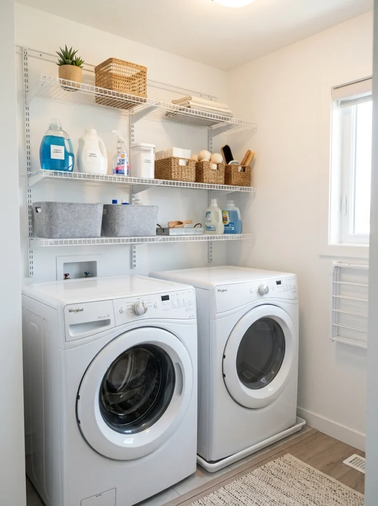 Open wire shelves storing detergents above laundry appliances.