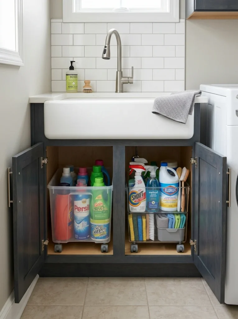 Chalkboard panel creating a practical laundry room message center.