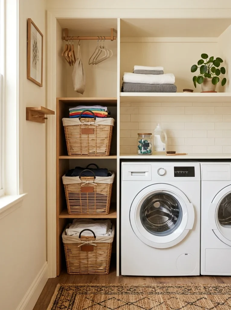 Three-tier laundry basket system sorting clothes efficiently in a small space.