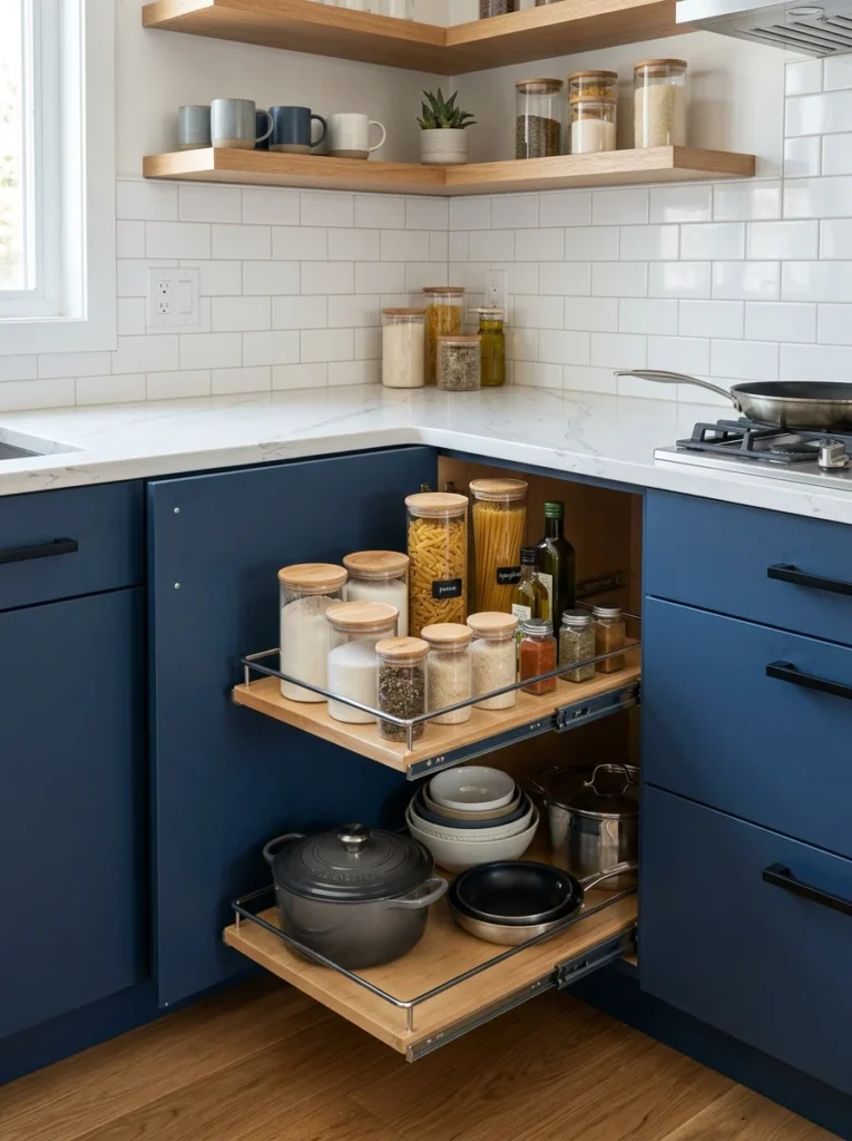 Pull-out lazy Susan corner cabinet organizer.