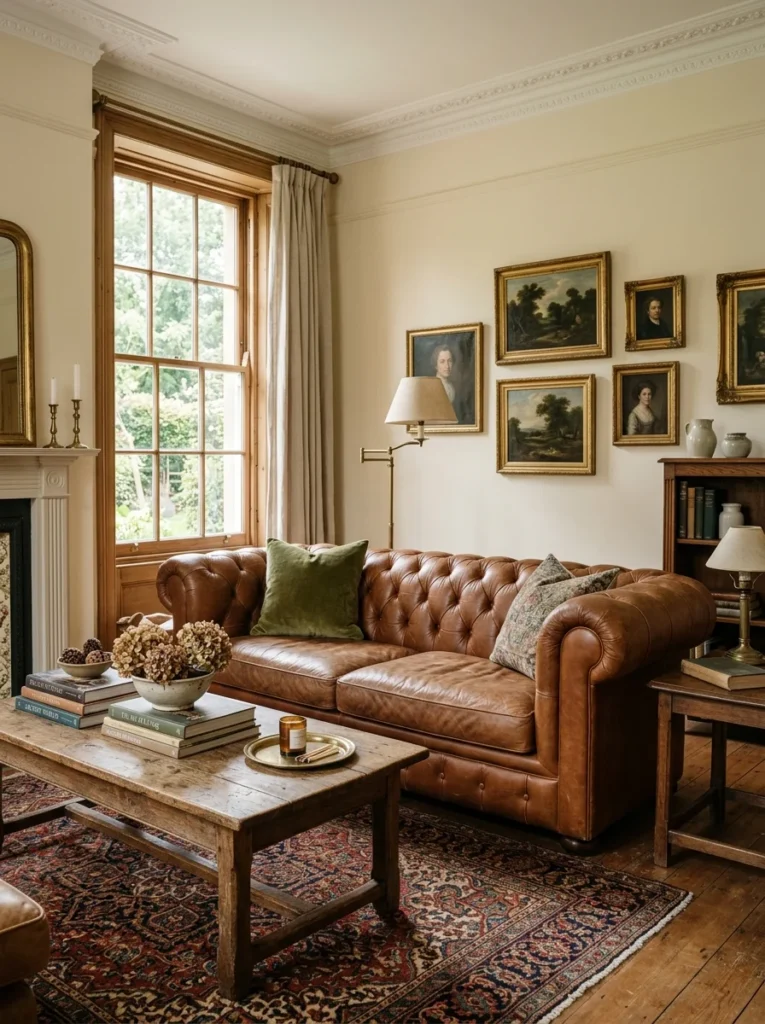 Cognac Chesterfield leather sofa adding character to a warm living room.