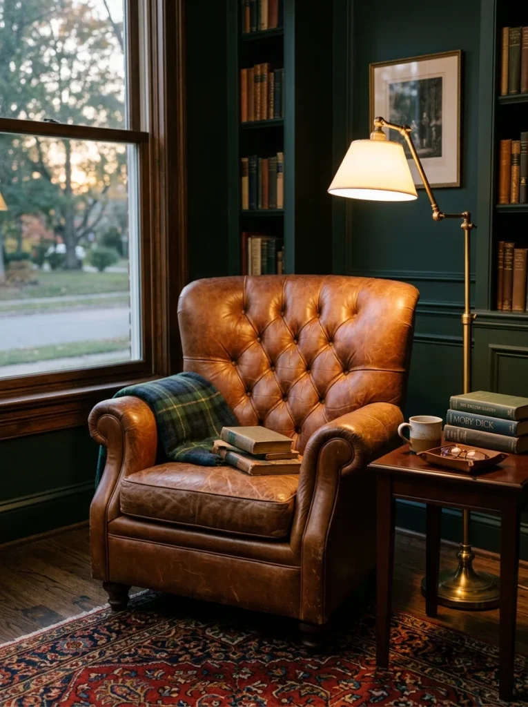 Cognac leather Chesterfield-style chair with brass reading lamp in a traditional study.