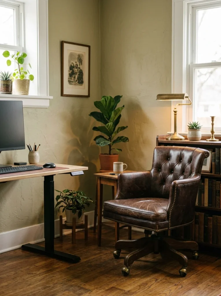 Vintage leather office chair with brass casters used as a unique accent piece.
