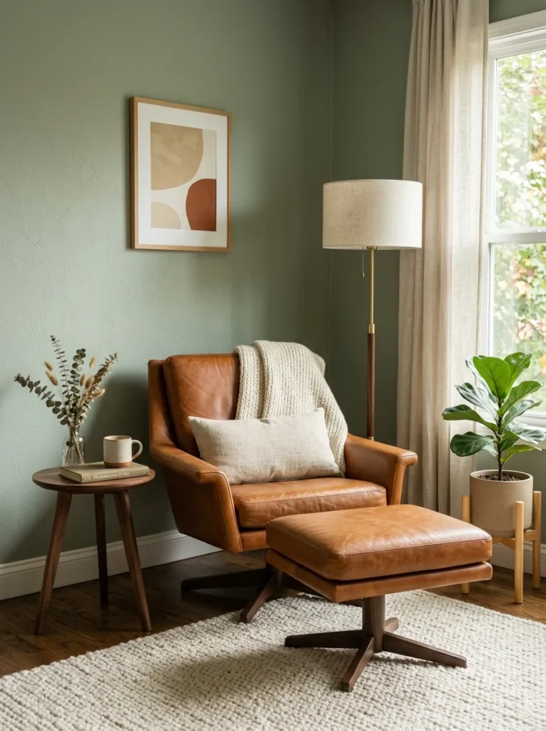 Cognac leather lounge chair creating gentle contrast against a muted sage wall.