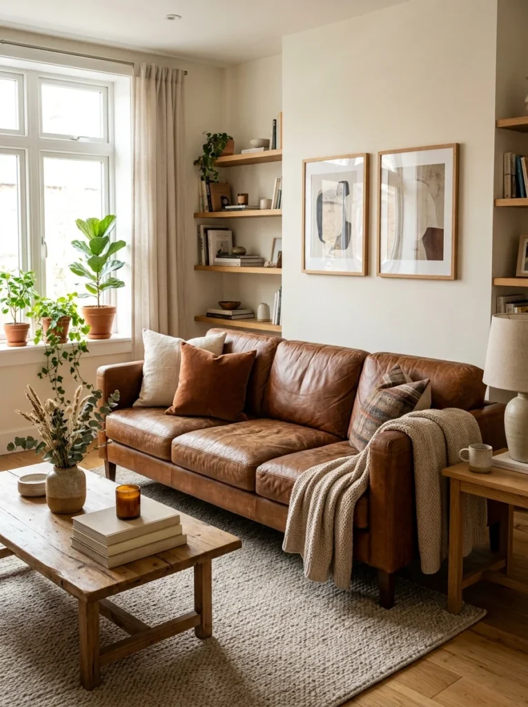 Warm cognac leather sofa with a soft aged finish in a cozy living room.