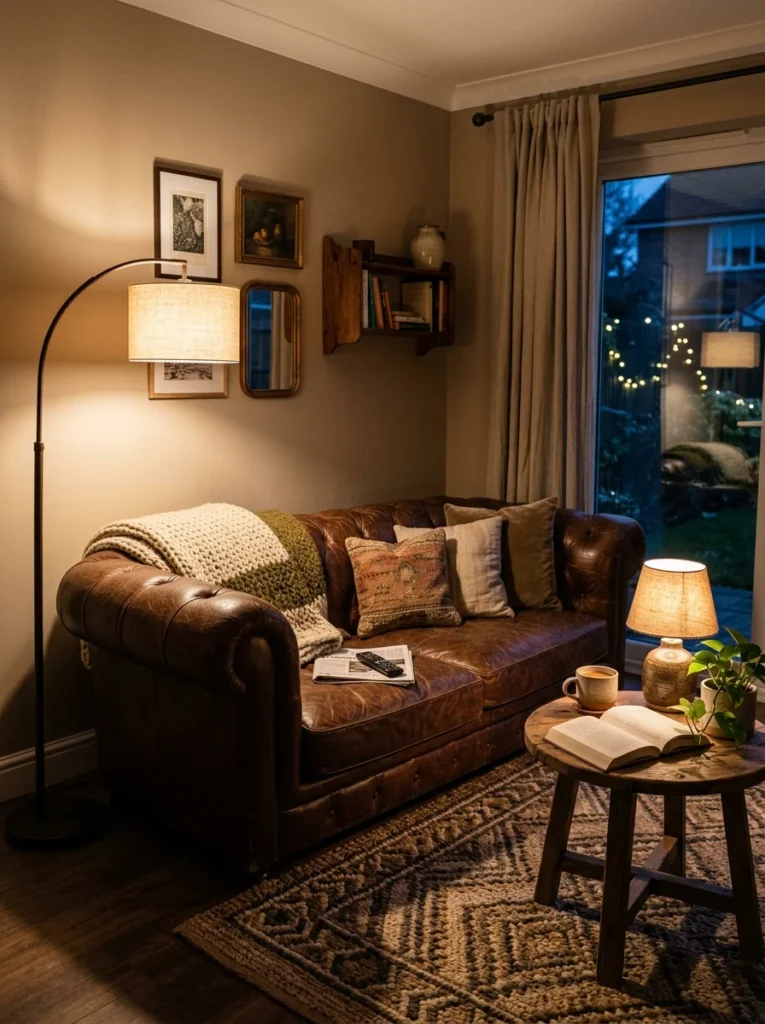 Leather sofa styled with warm floor and table lamps.