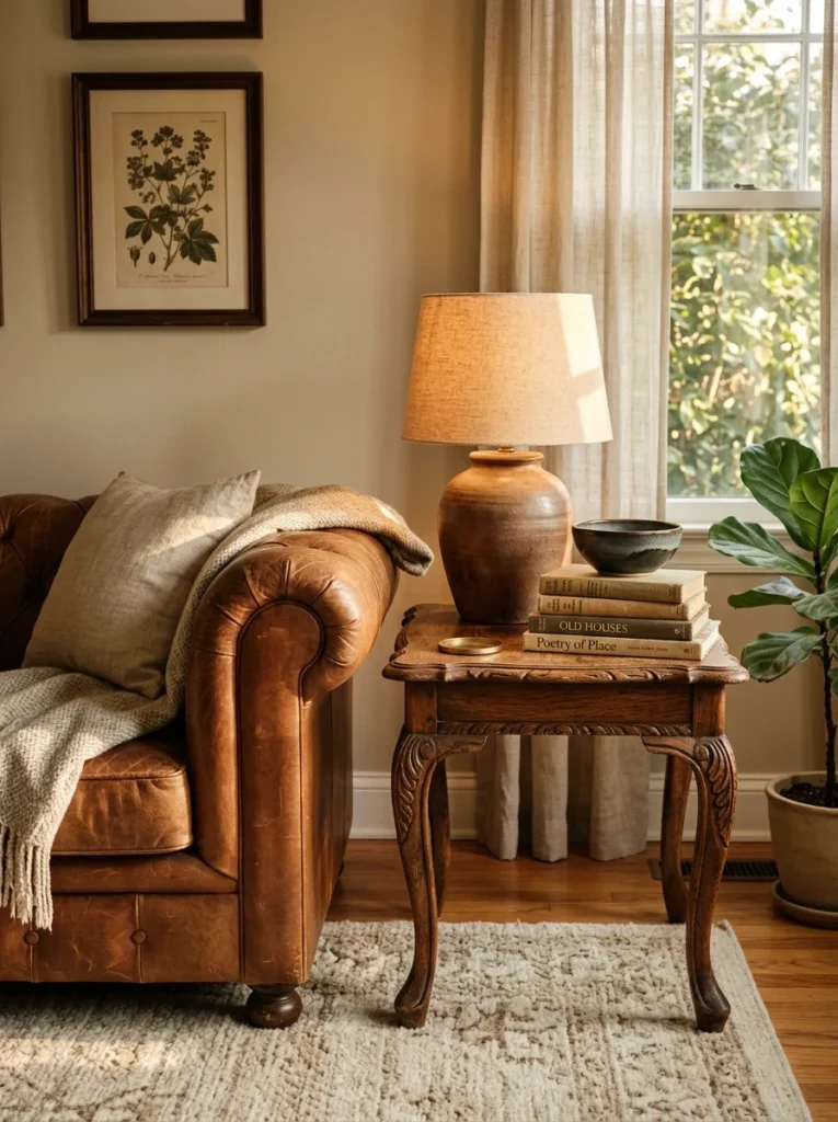 Leather sofa paired with a vintage wooden side table.