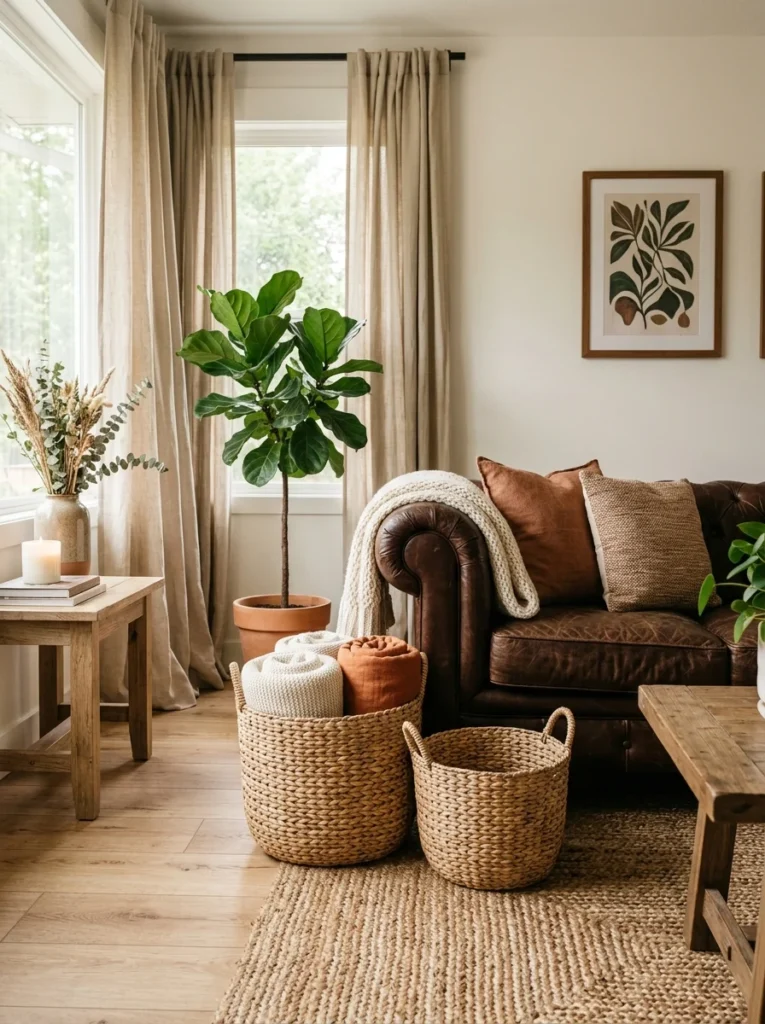 Woven baskets providing blanket storage beside a dark brown couch.