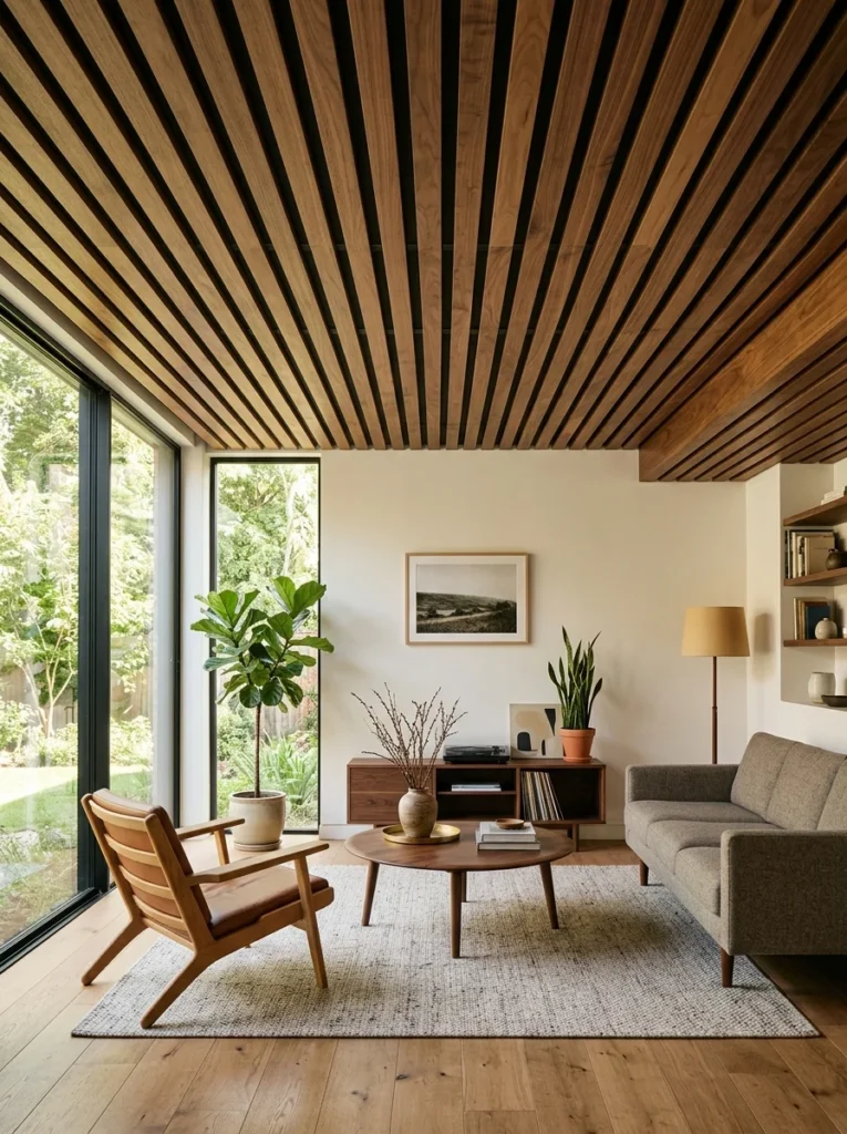 Walnut furring strip slat ceiling with modern design.
