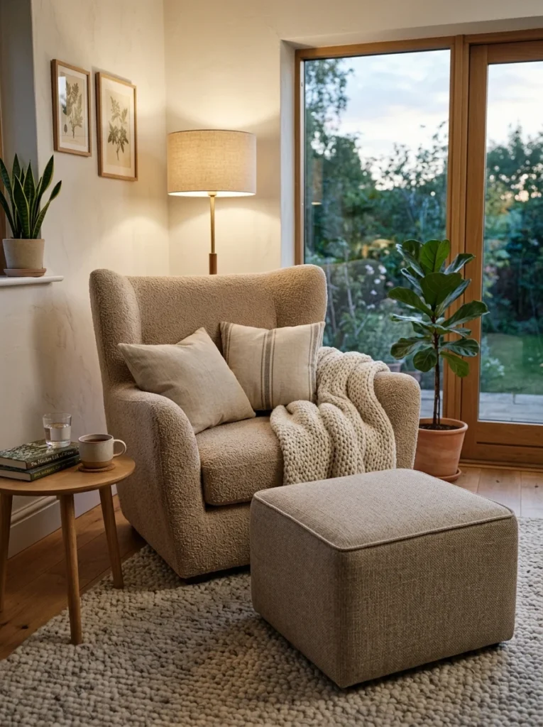 Deep lounge chair paired with a low ottoman for comfortable full-body relaxation.