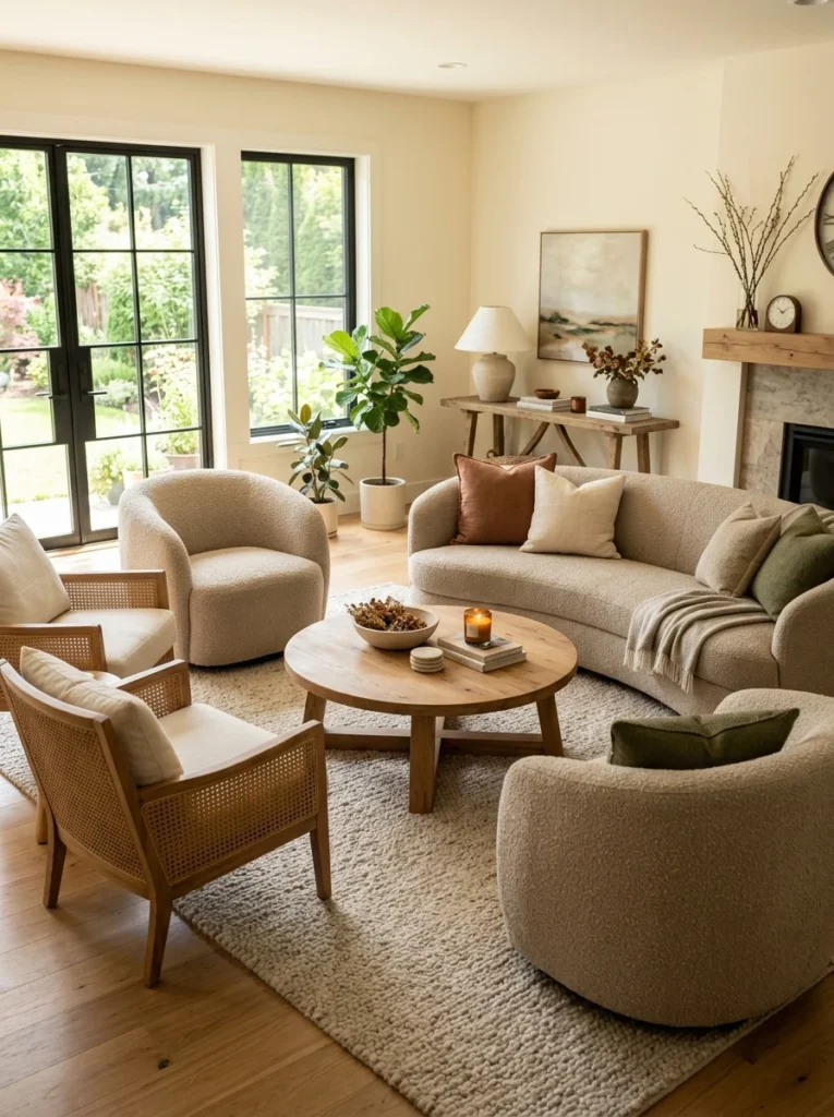 Round coffee table anchoring a circular seating arrangement designed for conversation.