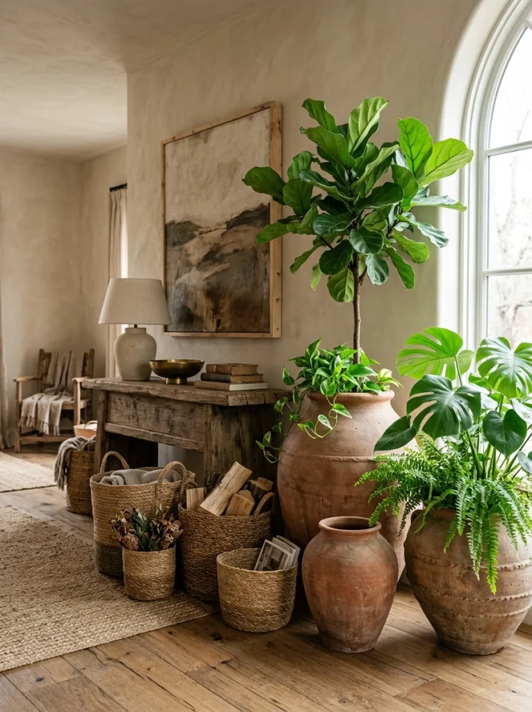 : Terracotta pottery adding warmth to Mexican decor.