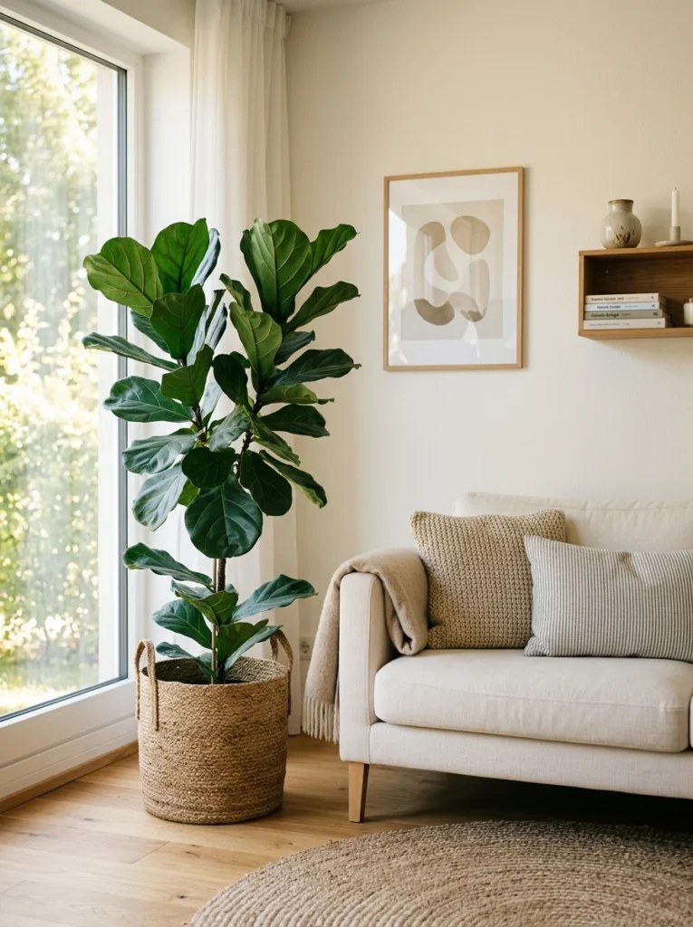 Fiddle leaf fig tree refreshing a modern living room.