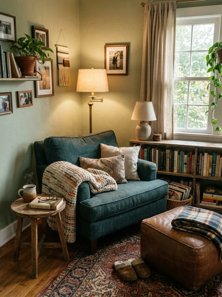 Comfortable lived-in lounge chair corner styled for everyday relaxation rather than perfection.