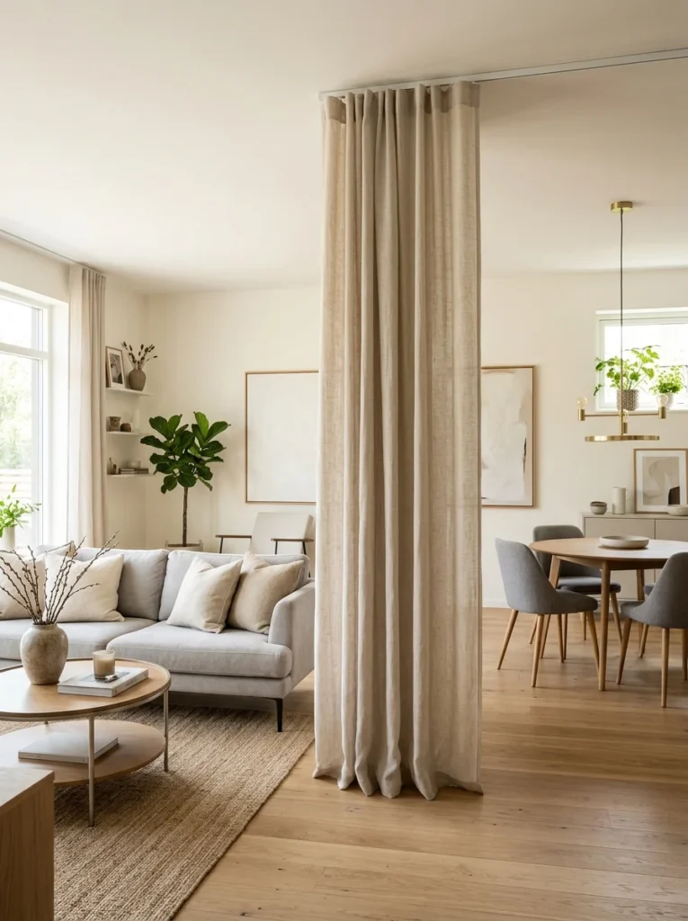 Ceiling-mounted linen curtains creating a soft divider.