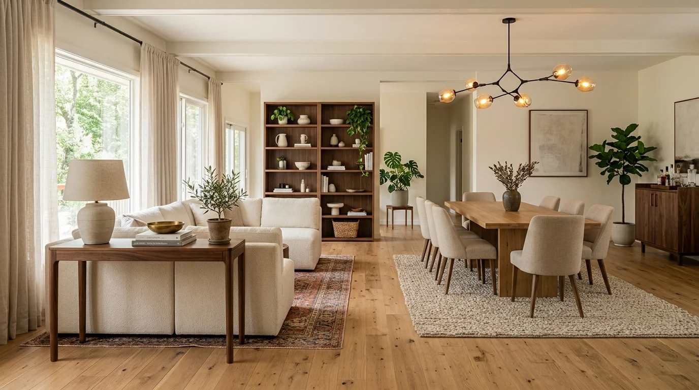 Open-concept living room and dining room combo with separate rugs, console table, pendant light, and cohesive neutral decor.