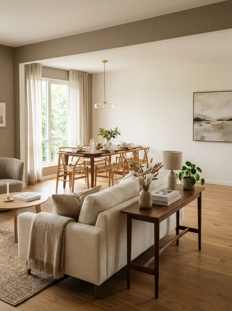 Sofa positioned as a natural divider between living and dining spaces.