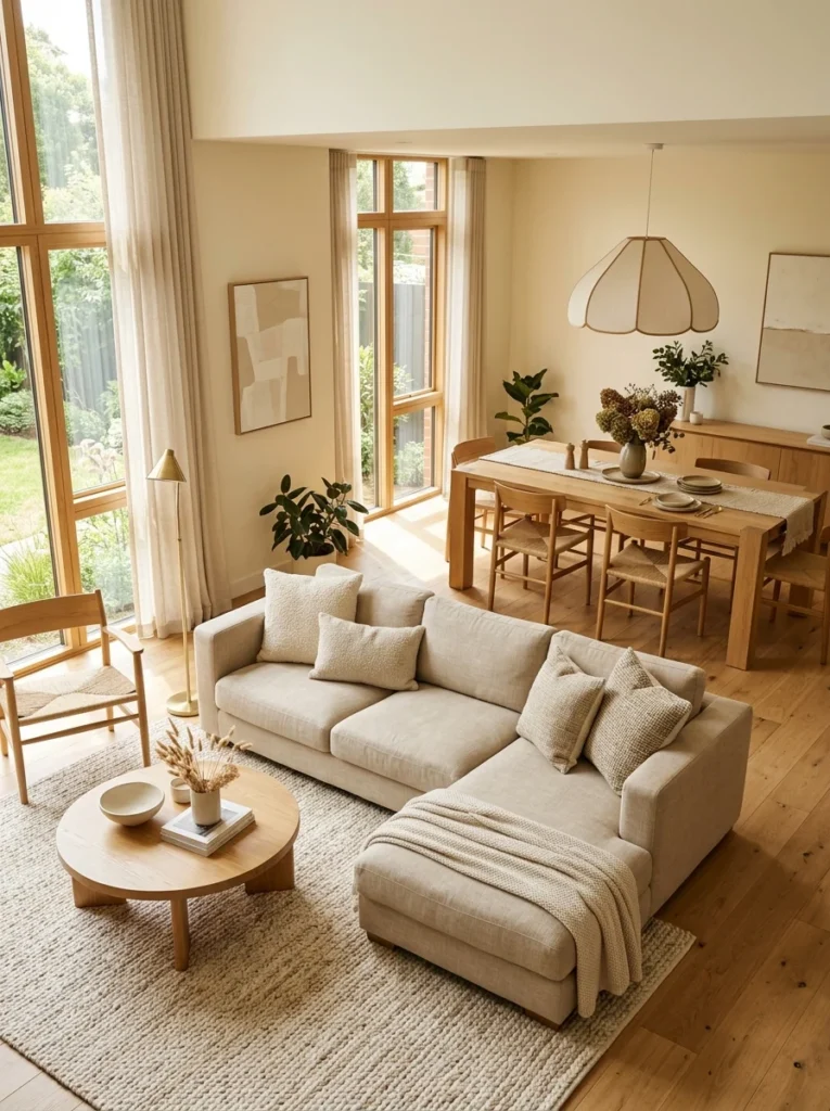 Consistent neutral color palette across open living and dining spaces.