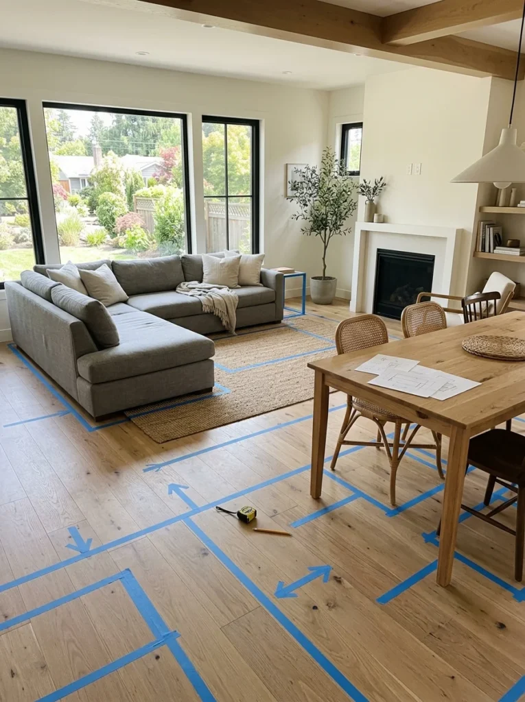 Testing furniture layout in an open living room and dining room comb