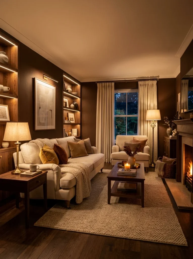 Warm LED lighting creating a cozy brown living room.