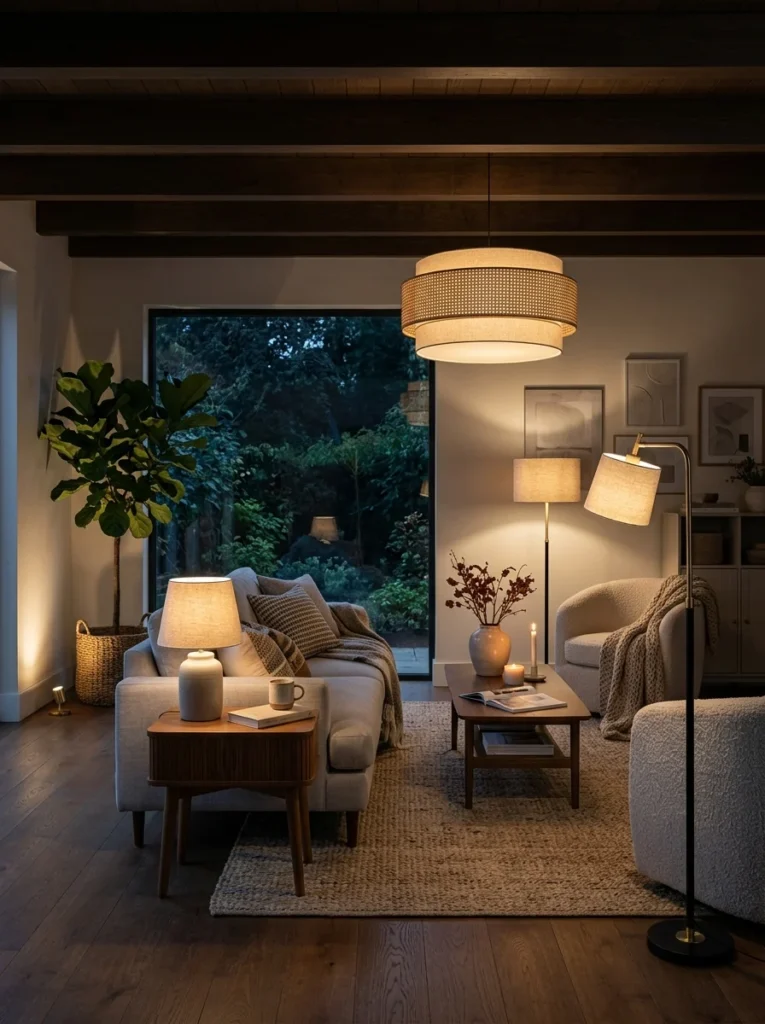 Living room layered with floor, table, and ceiling lighting at different heights.