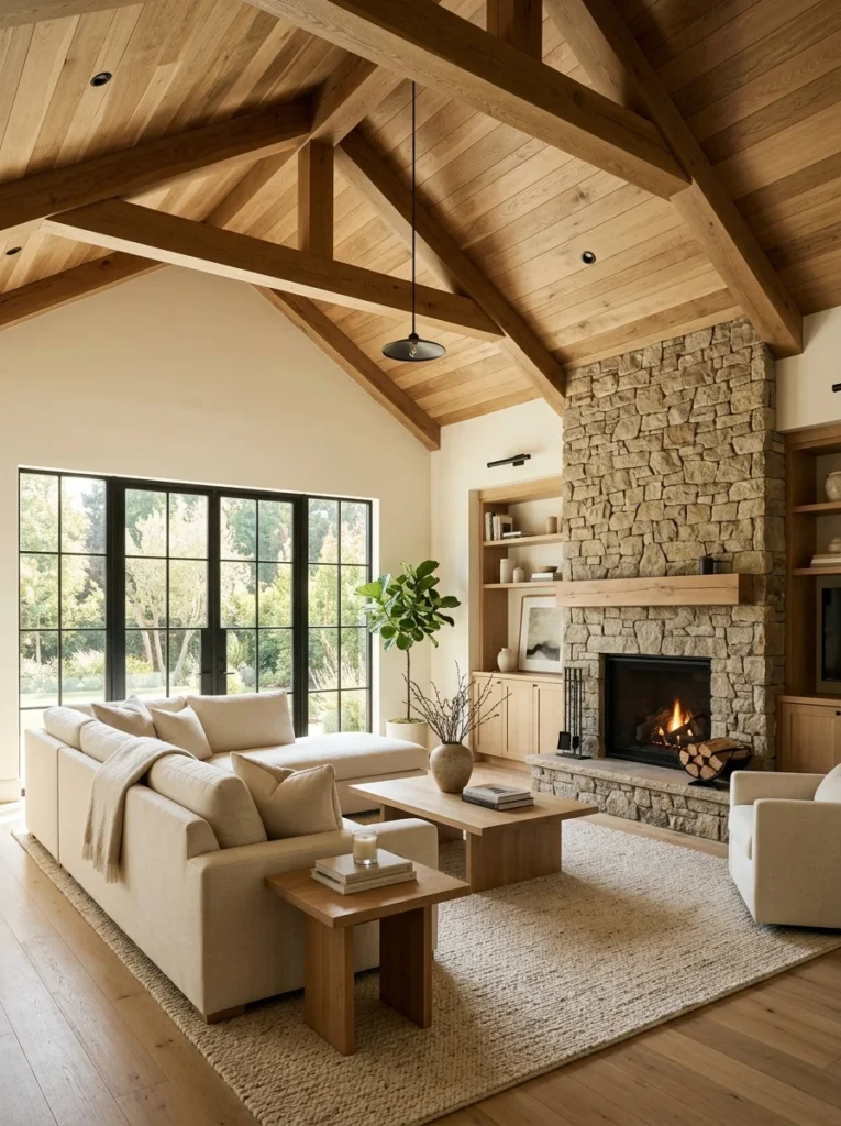 Mixed-width wood planks creating a custom ceiling design.