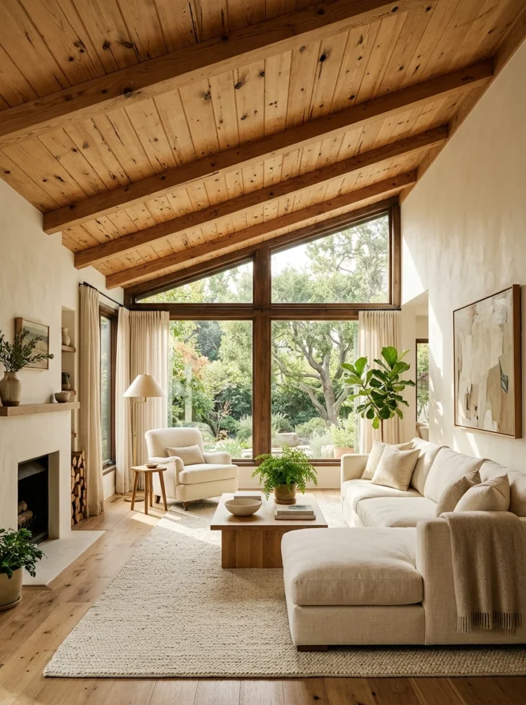 Character-grade pine ceiling with rustic wood texture.