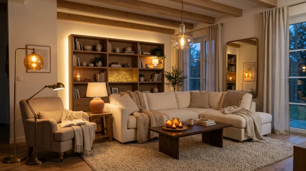 Cozy living room with layered floor lamps, table lamps, pendant lighting, candles, and warm ambient light.