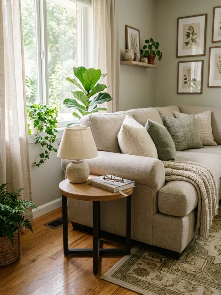Small round side table fitting neatly into an awkward space beside a sofa.
