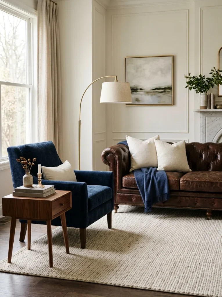 Dark brown couch paired with navy blue seating and warm neutral accents.