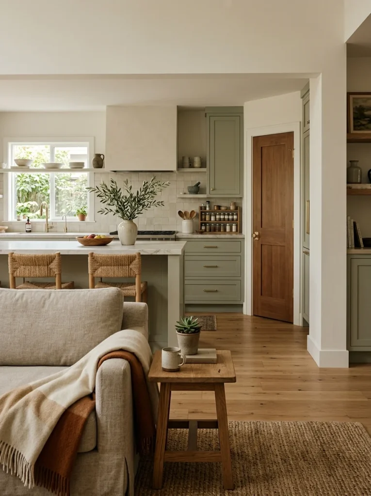 Clean and organized kitchen sightline viewed from an open-plan living room sofa.