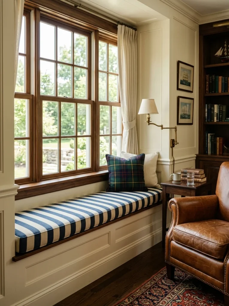 Navy and cream striped window seat adding classic preppy style to a traditional living room.