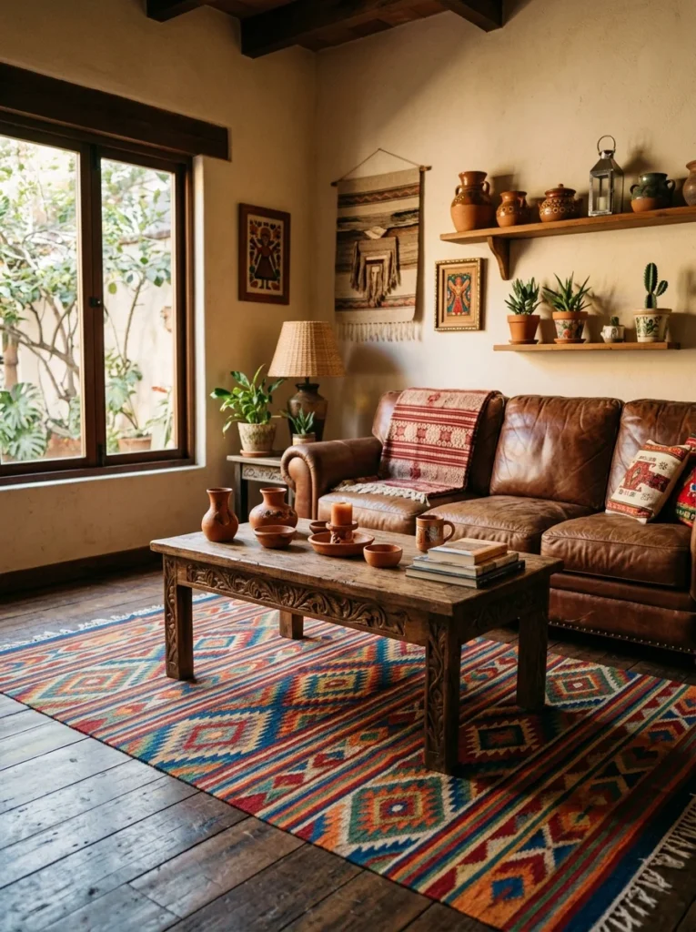 Handwoven Mexican rug with colorful geometric patterns.