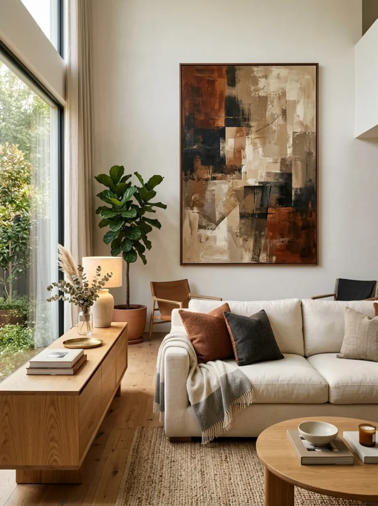 Large abstract artwork creating a living room focal point.